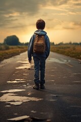 A young boy is seen walking down a road, carrying a backpack. This image can be used to depict concepts such as childhood, adventure, exploration, and independence.