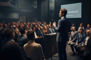 presentation at a business event in front of an audience of businessman