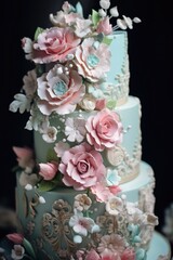 A beautiful three tiered cake adorned with pink and blue flowers. Perfect for weddings, birthdays, or any special occasion.