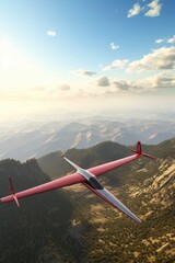 A captivating image of a red and white plane soaring through the sky above a majestic mountain range. Perfect for travel and adventure-themed projects.