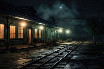 Naklejka premium A picture of a train station at night with the lights on. This image can be used to depict a bustling transportation hub or to convey the feeling of travel and adventure.