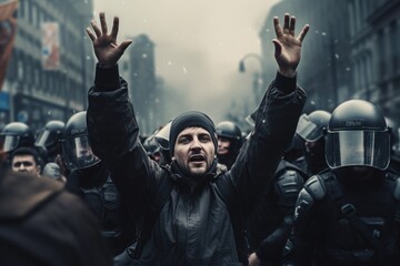 A picture of a man with his hands up in the air. This image can be used to portray surrender, celebration, or protest. It can also be used to depict a robbery or a joyful moment.
