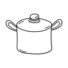 Saucepan with lid vector icon in doodle style. Symbol in simple design. Cartoon object hand drawn isolated on white background.