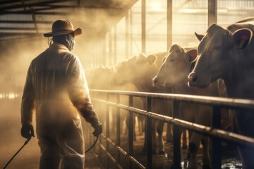 A man wearing a cowboy hat stands confidently next to a large herd of cattle. This image is perfect for illustrating the cowboy lifestyle and the vastness of the ranching industry. - obrazy, fototapety, plakaty