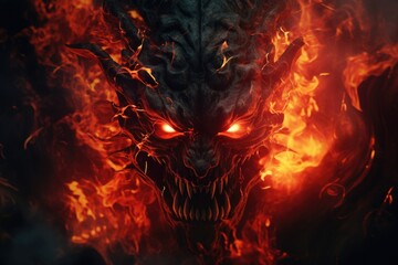 A demonic looking fire demon with glowing eyes. Perfect for Halloween-themed designs or illustrations. - obrazy, fototapety, plakaty