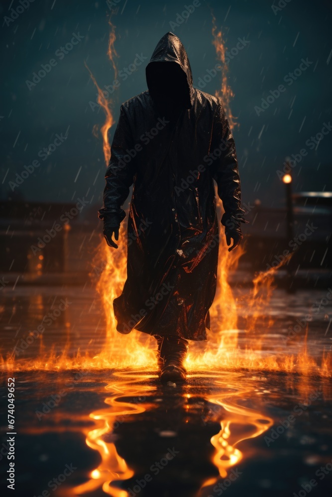 Poster a man is pictured walking through the water wearing a hooded jacket. this image can be used to depic