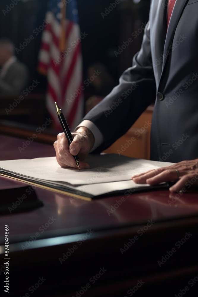 Poster a man in a suit is seen writing on a piece of paper. this image can be used in various business and 