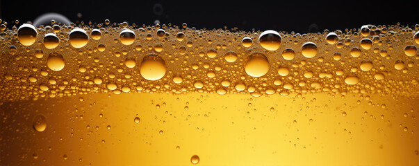 Yellow bubbles in beer or oil.  Droplets panorama.