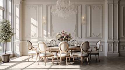 an elegant formal dining room with light beige walls and a polished marble floor and a large crystal chandelier