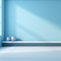 Minimalist bathroom interior with blue walls, concrete floor, blue bathtub and round mirror. 3d render