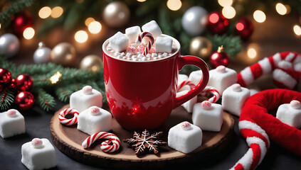Obraz na płótnie Canvas A cozy, winter-themed image of a steaming mug of hot cocoa, adorned with fluffy marshmallows and a candy cane, surrounded by glistening snowflakes and a festive holiday wreath.