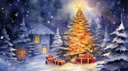 Watercolor cozy little house in winter scene vector illustration, merry christmas postcard design, seasonal new year greetings