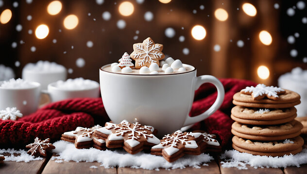 A cozy, winter-themed image of a steaming mug of hot chocolate, adorned with fluffy marshmallows and a candy cane, surrounded by glistening snowflakes and a festive holiday wreath.