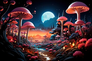 Behold a fairytale illustration where magical mushrooms rise majestically, defining a fantasy world of dreams.