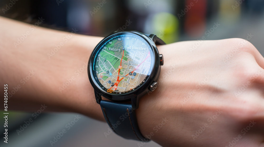 Poster close up of hands with map on smartwatch screen.