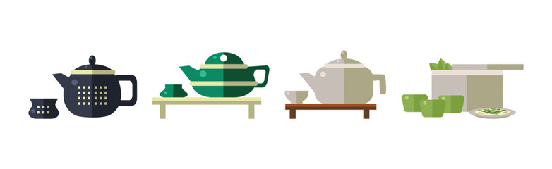 Teapot and Kettle with Hot Aromatic Tea Brewing Vector Set