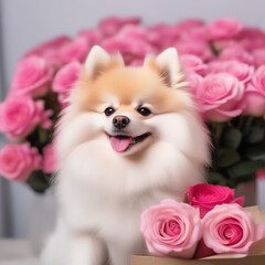 Fototapeta na wymiar cute spitz dog with pink tail smiling. in the background there is a huge bouquet of roses. in love on valentines day