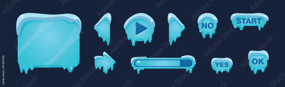 Poster ice and snow button as winter game user interface element vector set