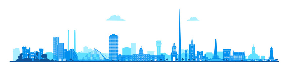 Dublin city silhouette vector illustration blue design on white background, travel to Ireland - 674051422