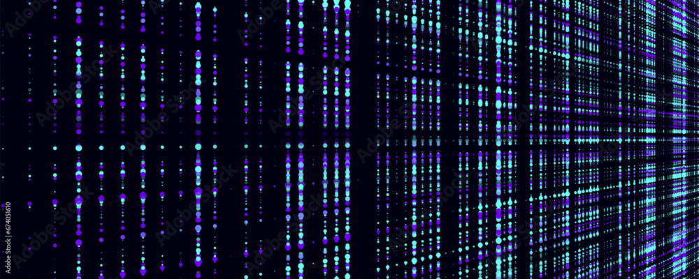 Aufkleber Futuristic blue dots background. Abstract glitch background. Corrupted binary code. Technology of many glowing particles. Artificial intelligence. Big data visualization. Vector illustration.