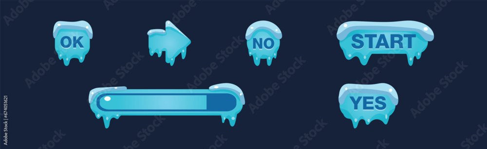 Poster ice and snow button as winter game user interface element vector set