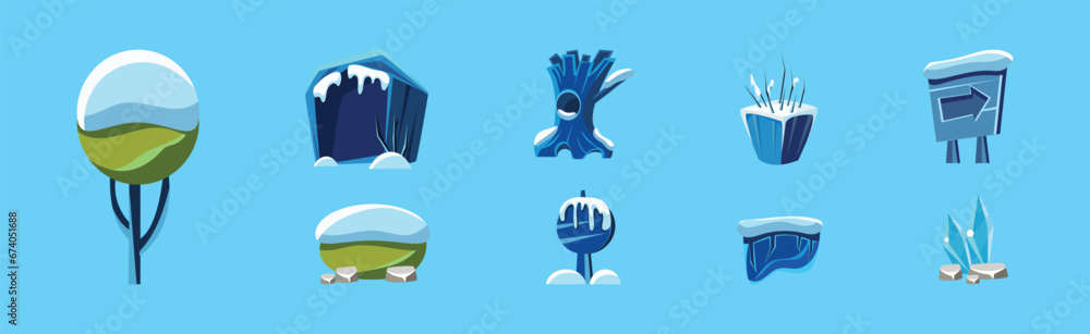 Poster snow covered game element and landscape object frozen in winter vector set