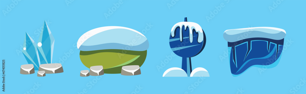 Poster snow covered game element and landscape object frozen in winter vector set