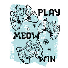 Cartoon cat gamepad illustration on grains textured background and text Meow Play Win. Cats gamepad