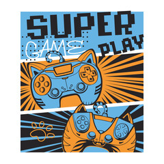 Cartoon cat gamepad illustration on grains textured background and text Meow Play Win. Cats gamepad
