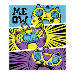 Cartoon cat gamepad illustration on grains textured background and text Meow Play Win. Cats gamepad