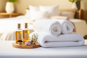 Fototapeta na wymiar A set of white towels and aromatic massage oil.