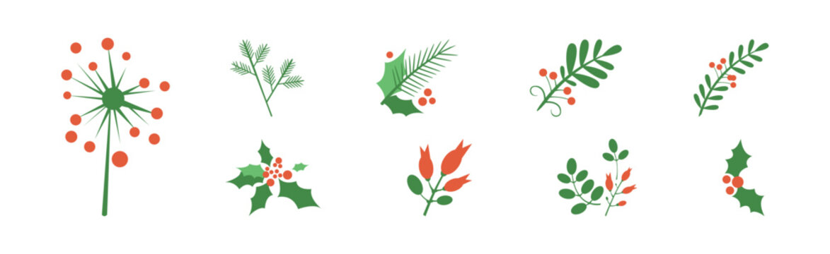 Green Tree Branch with Red Berry Flat Vector Set