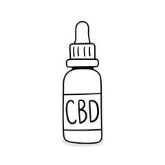 Cbd oil bottle vector icon in doodle style. Symbol in simple design. Cartoon object hand drawn isolated on white background.