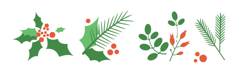 Green Tree Branch with Red Berry Flat Vector Set