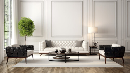 an elegant living room with white walls and dark hardwood floors A white leather sofa is in the center and two matching armchairs are arranged around it A white area rug is placed in the center