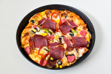 Delicious mixed pizza with rich content. Menu concept of choice and diversity. Pepperoni, Formaggi, Veggie, Karisik pizza