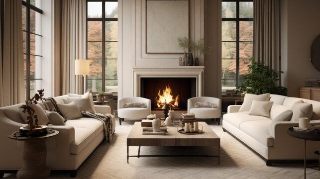 an elegant living room with a beige couch and two matching armchairs and a large area rug and a fireplace 