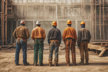 Four construction workers from behind with hardhats standing in front of a construction site. - obrazy, fototapety, plakaty