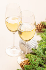 Christmas fir tree branch, champagne and decor
