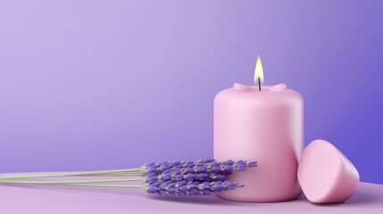 Obraz na płótnie Canvas Burning candle with lavender on purple background, minimalism