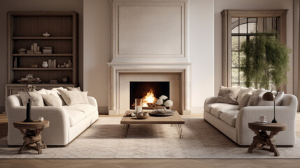 an elegant living room with a beige couch and a large area rug and a fireplace 