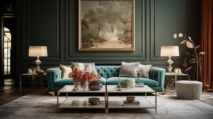 an elegant living room with a velvet sofa and a glass coffee table