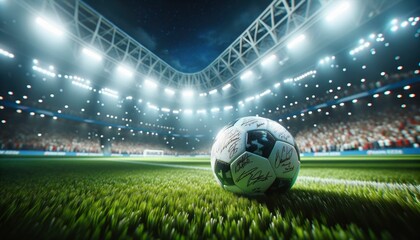 A pristine soccer ball lies centered on the vibrant green lawn, encapsulating the essence of the...