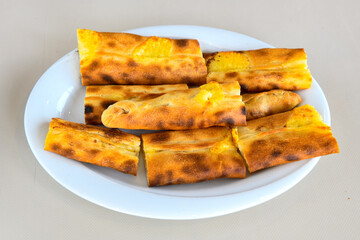 Kiymali pide.Turkish pide with minced meat. Turkish pizza mince pita Pide on white background. Etli ekmek. Kusbasi kasarli, kiymali kasarli, kiymali yumurtali,  tirnak Trabzon, Bafra, Kusbasili pide.