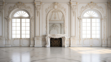 Fototapeta na wymiar an elegant room with a marble floor and white walls and white fireplace
