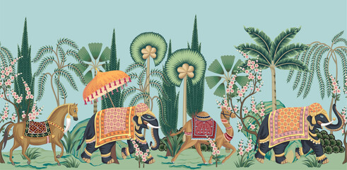 Indian elephant, camel, horse, palms, trees, plants seamless border. Oriental landscape mural.