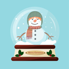 Snowman in a snow ball vector illustration, merry christmas