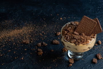 Chocotorta dessert, with layers of cream with dulce de leche and chocolate cookies. Typical Argentine sweets.