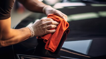 A man cleaning car with microfiber cloth, car detailing (or valeting) concept. Car wash background