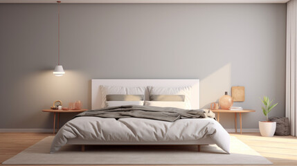 an empty bedroom featuring a large double bed with a white headboard and bedside tables with matching lamps 